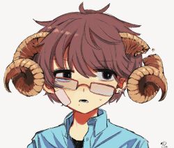  1boy 4rane_tu black_eyes blue_shirt broken_horn brown_hair brown_horns commentary crooked_eyewear curled_horns ear_piercing gauze gauze_on_cheek glasses grey_background hair_between_eyes highres horns male_focus mole mole_under_mouth original parted_lips piercing red-framed_eyewear semi-rimless_eyewear shirt simple_background solo upper_body 