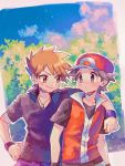  2boys arm_around_shoulder baseball_cap blue_oak blush brown_eyes brown_hair closed_mouth clouds day eye_contact foliage grey_hair hanenbo hat highres jacket jewelry looking_at_another male_focus multiple_boys necklace outdoors pants pokemon pokemon_(game) pokemon_frlg purple_pants purple_wristband red_(pokemon) shirt short_sleeves sky smile wristband 