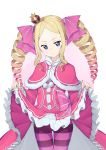  1girl absurdres bangs beatrice_(re:zero) blonde_hair blue_eyes blush bow butterfly_ornament capelet commentary_request cowboy_shot crown dress dress_lift drill_hair fur_trim hair_ribbon head_tilt highres kouki_(chancegak) large_bow lifted_by_self long_hair long_sleeves looking_at_viewer mini_crown pantyhose pink_bow pink_capelet pink_dress pink_legwear purple_legwear re:zero_kara_hajimeru_isekai_seikatsu red_nails ribbon skirt_hold solo striped striped_legwear symbol-shaped_pupils twin_drills 