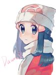  1girl beanie black_hair blurry blush character_name closed_mouth coat commentary_request hikari_(pokemon) eyelashes grey_eyes hair_ornament hairclip hanenbo hat highres long_hair looking_at_viewer pokemon pokemon_(game) pokemon_dppt pokemon_platinum red_coat scarf sidelocks solo upper_body white_background white_headwear white_scarf 