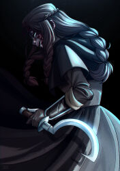  1girl absurdres blue_eyes braid braided_ponytail braided_sidelock brown_gloves burn_scar commentary cowboy_shot crown_braid dress gloves grey_dress highres holding_sickle long_hair original partially_fingerless_gloves profile reverse_grip savonette scar solo 