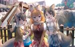  3girls :d animal_ear_fluff animal_ears bangs black_legwear blonde_hair brown_eyes character_request clenched_hand commentary_request day dhole_(kemono_friends) extra_ears eyebrows_visible_through_hair fence fur_collar grey_hair grin kemono_friends long_hair long_sleeves looking_at_viewer midriff multiple_girls open_mouth outdoors pantyhose plaid plaid_skirt pleated_skirt short_hair short_sleeves signature skirt smile tail torn_clothes torn_skirt v vest welt_(kinsei_koutenkyoku) yellow_eyes 