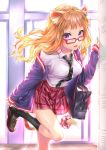  1girl absurdres animal_ears backlighting bag black_neckwear blonde_hair breasts cat_ears cat_tail collared_shirt doll foot_out_of_frame glasses highres jacket large_breasts leaning_forward miniskirt necktie open_clothes open_jacket open_mouth original plaid plaid_skirt pleated_skirt removing_shoes routo_(rot_0) school_bag school_uniform shirt shoe_locker shoulder_bag skirt solo tail tail_scrunchie uniform violet_eyes white_shirt 