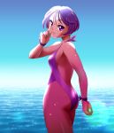  1girl asada_okina ass bare_shoulders breasts day dokidoki!_precure from_behind kenzaki_makoto looking_at_viewer looking_back ocean one-piece_swimsuit precure purple_hair purple_swimsuit shiny shiny_clothes shiny_hair shiny_skin short_hair small_breasts smile solo standing swimsuit violet_eyes water 