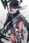  1girl ahoge arknights beret black_cloak black_headwear brown_eyes brown_hair brown_legwear cloak gloves halberd hat holding holding_polearm holding_weapon multicolored_hair plume_(arknights) polearm sasa_onigiri short_hair solo thigh-highs two-tone_hair weapon white_hair 