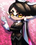  +_+ 1girl adjusting_clothes adjusting_gloves altoooooon aori_(splatoon) artist_name bangs black_hair black_jacket black_pants blazer butler check_commentary coattails commentary_request domino_mask dress_shirt earrings gloves gradient_hair grey_vest highres ivy jacket jewelry long_hair looking_at_viewer mask mole mole_under_eye multicolored_hair neck_ribbon pants pointy_ears purple_background purple_hair ribbon shirt signature solo splatoon_(series) standing standing_on_one_leg swept_bangs tentacle_hair tied_hair very_long_hair vest white_gloves white_shirt wing_collar yellow_eyes yellow_neckwear 