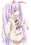 1girl absurdres animal_ears arms_up azur_lane blush clothes_writing commentary_request hairband highres hikyac hood hoodie laffey_(azur_lane) lavender_background long_hair looking_at_viewer rabbit_ears red_eyes sleeves_past_wrists solo translation_request twintails upper_body 