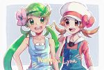  2girls :d bangs blush brown_eyes brown_hair character_name collarbone commentary_request eye_contact eyelashes flower green_eyes green_hair hair_flower hair_ornament hand_up hanenbo happy hat hat_ribbon highres long_hair looking_at_another lyra_(pokemon) mallow_(pokemon) multiple_girls open_mouth overalls pokemon pokemon_(game) pokemon_hgss pokemon_sm ribbon smile swept_bangs teeth twintails upper_body white_headwear 