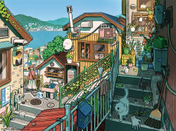  1girl animal bag beer_crate black_cat bottle broom brown_bag brown_hair brown_sweater bucket bug butterfly cactus can cat charm_(object) chimney cinder_block closed_umbrella condenser_unit copyright_notice day dragonfly faucet gloves hair_bun hanging_plant hill hose key kitten lizard long_hair long_skirt manhole_cover mouse_(animal) noraneko_shiro_no_machi_meguri outdoors plant poster_(object) potted_plant railing satellite_dish scenery shoes shoulder_bag single_side_bun skirt smile spray_bottle stairs sweater tank_(container) tao_(tao15102) textless_version translation_request tree umbrella unworn_gloves vent_(object) walking watering_can watermark white_skirt window 