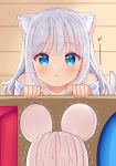  2girls :&lt; animal_ears blue_eyes cat_ears cat_girl cat_tail closed_mouth highres long_hair looking_at_viewer minigirl mizukoshi_(marumi) mouse_ears mouse_girl multiple_girls off-shoulder_shirt off_shoulder original shirt staring sweatdrop tail trembling white_hair white_shirt 