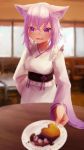  1girl absurdres animal_ears cat_ears food highres hololive indoors japanese_clothes nanome_to nekomata_okayu purple_hair short_hair solo violet_eyes waitress 