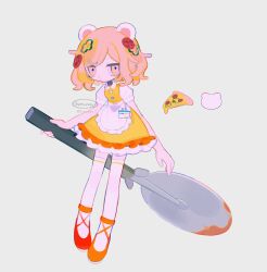  1girl animal_ears apron blonde_hair closed_mouth dress food hair_ornament hairclip highres holding htn_nm looking_at_viewer orange_footwear original oversized_object pizza pizza_cutter puffy_short_sleeves puffy_sleeves short_sleeves simple_background solo thigh-highs tomato tomato_slice white_thighhighs yellow_dress yellow_eyes 