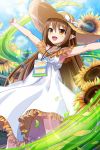  1girl alternate_hairstyle bangs blush brown_eyes brown_hair clouds day dress elf flower grass hair_down hands_up hat long_hair nowa official_art open_mouth outdoors petals pointy_ears queen&#039;s_blade queen&#039;s_blade_unlimited queen&#039;s_blade_white_triangle sky straw_hat sun_hat sundress sunflower thighs very_long_hair white_dress wind 