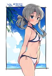  1girl asymmetrical_hair bikini blue_eyes blush breasts clouds cloudy_sky collarbone cowboy_shot dated day from_side hair_between_eyes kantai_collection long_hair navel nowaki_(kantai_collection) ocean odawara_hakone silver_hair sky small_breasts solo swimsuit twitter_username white_bikini 