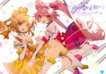  2girls :d ;d artist_name blonde_hair boots bow brown_eyes elbow_gloves frilled_skirt frills gloves green_eyes hair_ornament heart heart_hair_ornament high_heel_boots high_heels holding holding_staff long_hair looking_at_viewer magical_girl multiple_girls one_eye_closed open_mouth orange_bow original pink_hair pixiv_id pleated_skirt ponytail prophet_chu puffy_short_sleeves puffy_sleeves purple_skirt shirt short_sleeves skirt smile sparkle staff star_(symbol) twintails twitter_username very_long_hair white_background white_footwear white_gloves white_shirt yellow_skirt 