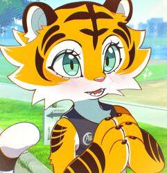  1girl :3 absurdres animal_ears animal_hands animal_nose artist_name aura_(drawligator) bare_shoulders blue_eyes blue_sky blush body_fur brown_fur claws clothes_writing commentary day drawligator english_commentary flat_chest furry furry_female grass grey_sports_bra highres multicolored_fur open_mouth original outdoors own_hands_together revision sharp_teeth signature sky solo sparkle sports_bra standing striped_fur tail teeth tiger_ears tiger_girl tiger_tail tree upper_body white_fur yellow_fur 