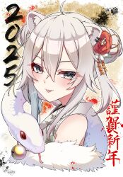  1girl :p ahoge animal_ear_piercing animal_ears bare_shoulders blush breasts chinese_zodiac cropped_torso double-parted_bangs double_bun feather_boa floral_print floral_print_kimono flower from_side grey_eyes grey_hair hair_between_eyes hair_bun hair_flower hair_ornament hana_s highres hololive japanese_clothes kanzashi kimono large_breasts lion_ears long_sidelocks looking_at_viewer medium_hair new_year official_alternate_costume official_alternate_hair_length official_alternate_hairstyle print_kimono shishiro_botan shishiro_botan_(new_year) sidelocks sleeveless sleeveless_kimono snake solo tongue tongue_out twintails upper_body virtual_youtuber white_kimono year_of_the_snake 