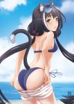  1girl absurdres animal_ear_fluff animal_ears ass bikini black_hair blue-tinted_eyewear blue_bikini blue_sky bow breasts cat_ears cat_girl cat_tail clouds cowboy_shot day enpitsu_(pixiv631743) eyewear_on_head fang floating_hair green_eyes hair_bow highres karyl_(princess_connect!) long_hair looking_at_viewer looking_back low_twintails ocean open_mouth outdoors princess_connect! princess_connect!_re:dive red_bow shorts shorts_pull side-tie_bikini sky small_breasts solo standing sunglasses swimsuit tail twintails undressing very_long_hair white_shorts 