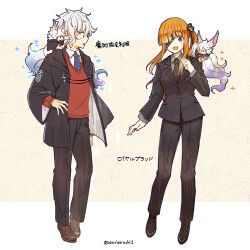  1boy 1girl :d alternate_hairstyle animal_on_shoulder arm_at_side black_footwear black_jacket black_necktie black_pants black_ribbon black_suit blue_eyes blue_necktie blunt_bangs brown_footwear cosplay diagonal-striped_clothes diagonal-striped_necktie eyepatch fate/grand_order fate_(series) fou_(fate) fujimaru_ritsuka_(female) fujimaru_ritsuka_(female)_(cosplay) fujimaru_ritsuka_(female)_(royal_brand) fujimaru_ritsuka_(male) fujimaru_ritsuka_(male)_(cosplay) fujimaru_ritsuka_(male)_(mage's_association_uniform) full_body grey_hair grey_shirt hair_over_one_eye hair_ribbon hand_up jacket kadoc_zemlupus long_hair long_sleeves looking_at_animal necktie open_clothes open_jacket open_mouth ophelia_phamrsolone orange_hair pants red_sweater ribbon shirt shoes short_hair side_ponytail smile standing striped_clothes suit sweatdrop sweater twitter_username two-tone_background white_background white_shirt wide_sleeves worrisorochi yellow_background 