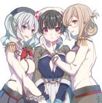  3girls apron ascot bandana bangs black_hair blue_eyes blue_serafuku blue_skirt brown_hair collared_shirt commentary_request double-breasted epaulettes folded_ponytail frilled_sleeves frills girl_sandwich glasses gloves green_eyes grey_skirt jacket jingei_(kantai_collection) kantai_collection kashima_(kantai_collection) katori_(kantai_collection) long_hair long_sleeves looking_at_viewer military military_jacket military_uniform mitsuyo_(mituyo324) multiple_girls neckerchief necktie parted_bangs pencil_skirt pleated_skirt red_eyes red_neckwear sailor_collar sandwiched school_uniform serafuku shawl shirt sidelocks silver_hair simple_background skirt twintails uniform waist_apron wavy_hair white_apron white_background white_gloves white_neckwear 