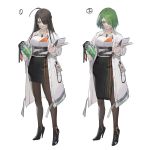  1girl ahoge bangs black_footwear black_hair black_skirt breasts brown_eyes brown_legwear carrying_under_arm character_request closed_mouth collarbone girls_frontline green_hair hair_over_one_eye hand_in_pocket high_heels holding id_card jewelry labcoat long_hair long_sleeves mask mask_pull medium_breasts mouth_mask multiple_views official_art open_clothes pantyhose pencil_skirt ring shirt shoes short_hair simple_background skirt standing surgical_mask watermark white_background white_shirt whoisshe 