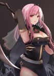  1girl arm_behind_head armpits bangs belt black_dress breasts capelet dress eyebrows_visible_through_hair gem highres holding hololive hololive_english large_breasts long_hair looking_at_viewer mori_calliope open_mouth pink_eyes pink_hair scythe shoulder_spikes shuuzo3 simple_background solo spikes thighs tiara veil virtual_youtuber 