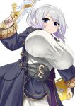  1girl breasts coat fire_emblem fire_emblem_awakening hood hood_down huge_breasts long_sleeves roah robin_(fire_emblem) robin_(fire_emblem)_(female) solo sword twintails weapon white_background white_hair 