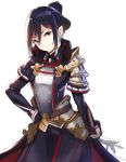  1girl absurdres black_hair brown_eyes cawang commentary gloves hand_on_hip head_tilt highres looking_at_viewer morag_ladair_(xenoblade) smirk solo tied_hair white_background white_gloves xenoblade_chronicles_(series) xenoblade_chronicles_2 