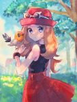  1girl bare_shoulders blue_eyes blurry blurry_background blush bracelet brown_hair clouds commentary_request day eyelashes eyewear_on_headwear fletchling gen_6_pokemon hand_up hanenbo hat highres jewelry long_hair looking_back outdoors parted_lips pleated_skirt pokemon pokemon_(creature) pokemon_(game) pokemon_xy red_skirt serena_(pokemon) shirt skirt sky sleeveless sleeveless_shirt sunglasses tree 