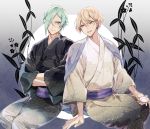  2boys blonde_hair choko_(cup) cup eyes_visible_through_hair fangs green_hair hair_over_one_eye hands_in_opposite_sleeves higekiri_(touken_ranbu) hizamaru_(touken_ranbu) japanese_clothes kimono kuroemon male_focus multiple_boys open_mouth sitting smile touken_ranbu yellow_eyes yukata 