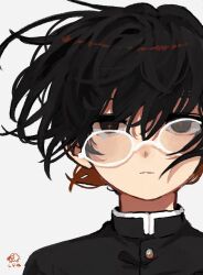  1boy 4rane_tu black_eyes black_hair black_jacket brown_hair closed_mouth crooked_eyewear expressionless gakuran glasses hair_between_eyes highres jacket male_focus multicolored_hair original school_uniform signature simple_background solo upper_body white-framed_eyewear 
