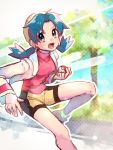  1girl bangs bike_shorts blue_eyes blue_hair blurry blurry_background commentary_request earrings eyebrows_visible_through_hair hanenbo highres holding holding_poke_ball jacket jewelry kris_(pokemon) leg_up long_hair long_sleeves open_mouth outline parted_bangs poke_ball poke_ball_(basic) pokemon pokemon_(game) pokemon_gsc solo teeth tied_hair tongue twintails white_jacket yellow_headwear 
