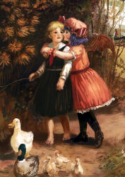  amibazh barefoot bat_wings bird black_dress black_footwear blonde_hair blue_hair boots dress duck full_body goose hat hong_meiling hug looking_at_another mob_cap outdoors papyrus_sedge pink_dress red_eyes remilia_scarlet rumia stick touhou wings wrist_cuffs 