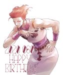  1boy artist_name card dated earrings hand_on_hip happy_birthday highres hisoka_morow hunter_x_hunter jewelry leaning_forward red_eyes redhead simple_background smile solo spade_(shape) standing teardrop_tattoo ushi_424 white_background 