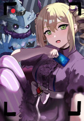  1girl absurdres blonde_hair blurry blurry_foreground blush breasts card commentary digimon digimon_card_game digimon_liberator dress drill_hair ghost ghostmon green_eyes highres holding holding_card large_breasts long_hair mianbaoren pantyhose purple_dress purple_pantyhose recording trading_card twin_drills violet_inboots w 