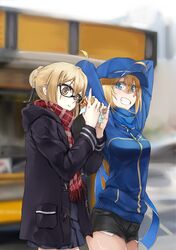  2girls absurdres ahoge artoria_pendragon_(all) baseball_cap black-framed_eyewear black_jacket black_shorts blonde_hair blue_eyes blue_headwear blue_jacket blue_scarf braid duffel_coat eating fate/grand_order fate_(series) food french_braid hair_through_headwear hamburger hat highres holding holding_food jacket koufu_(seratin) long_sleeves multiple_girls mysterious_heroine_x mysterious_heroine_x_(alter) open_track_jacket plaid plaid_scarf ponytail red_scarf scarf shorts track_jacket yellow_eyes 