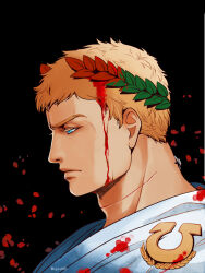  1boy black_background blonde_hair blood blood_on_clothes blood_on_face blue_eyes english_commentary from_side laurel_crown looking_down portrait primarch roboute_guilliman scar scar_on_neck sjax001 solo twitter_username ultramarines warhammer_40k 