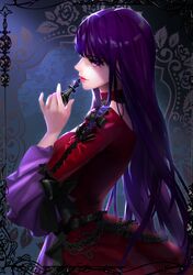  1girl absurdres black_bow bow chess_piece dress dress_bow eunjya4632 grey_background highres king_(chess) long_hair medea_solon purple_hair red_dress solo very_long_hair violet_eyes your_throne 