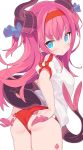 1girl adjusting_buruma adjusting_clothes ass back bangs blade_(galaxist) blue_eyes blue_ribbon blush buruma closed_mouth curled_horns double_vertical_stripe dragon_horns dragon_tail elizabeth_bathory_(brave)_(fate) elizabeth_bathory_(fate)_(all) eyebrows_visible_through_hair fate/grand_order fate_(series) from_behind gym_shirt gym_uniform hair_ribbon headband horns long_hair looking_at_viewer looking_back panties panties_under_buruma panty_peek pink_hair pink_panties pointy_ears red_buruma red_headband ribbon shirt short_sleeves slit_pupils solo striped striped_panties tail tail_wrap two_side_up underwear very_long_hair