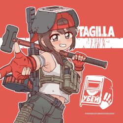  1girl backwards_hat baseball_cap belt blush bocchi-ya-nawi brown_hair bulletproof_vest cargo_pants character_name copyright_notice drum_magazine escape_from_tarkov fingerless_gloves game_cg genderswap genderswap_(mtf) gloves grey_eyes grin gun hammer hat holding looking_at_viewer magazine_(weapon) midriff_peek navel no_nose non-web_source official_art outline outstretched_arm pants pouch red_background red_gloves red_hat russian_text saiga-12 short_hair shotgun shotgun_shell simple_background sledgehammer smile solo tagilla_(escape_from_tarkov) tank_top weapon weapon_across_shoulders weapon_on_back welding_mask white_outline white_tank_top 