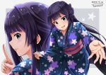  1girl absurdres artist_name bangs black_hair blue_eyes border bow cherry_blossom_print cowboy_shot dated eyebrows_visible_through_hair floral_print from_side grey_background hair_bow hair_ornament highres idolmaster idolmaster_million_live! idolmaster_million_live!_theater_days japanese_clothes kimono long_hair looking_at_viewer mogami_shizuka multiple_views obi open_mouth outstretched_arm outstretched_hand pointing pointing_up sash sidelocks simple_background smile solo star_(symbol) takatsuki_p yukata 