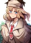  1girl bangs blonde_hair blue_eyes blush collared_shirt detective eyebrows_visible_through_hair hair_ornament hat highres hinghoi hololive hololive_english looking_at_viewer necktie plaid red_neckwear sherlock_holmes shirt skirt solo virtual_youtuber watson_amelia white_shirt 