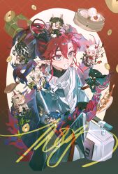  1boy arknights bamboo_steamer bead_bracelet beads black_hair blonde_hair blue_hair blue_jacket blush bracelet briefcase brown_hair chongyue_(arknights) closed_eyes colored_extremities colored_inner_hair colored_skin commentary cropped_torso dragon_boy dragon_girl dragon_horns dragon_tail dusk_(arknights) english_commentary facing_away food gradient_background green_background green_hair highres holding holding_mini_person holding_scroll holding_sword holding_weapon horns jacket jewelry ling_(arknights) mini_person mors_gn multicolored_hair nian_(arknights) pants plate pointy_ears polearm red_background red_eyes red_hair red_skin scroll shield shirt shu_(arknights) signature smile spear spoon steamed_bun sword tail wang_(arknights) weapon white_hair white_jacket white_pants white_shirt yu_(arknights) zhi_(arknights) 