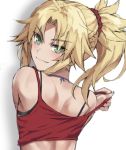  1girl back bangs bare_shoulders blonde_hair blush braid breasts camisole closed_mouth fang fate/apocrypha fate_(series) french_braid green_eyes hair_ornament hair_scrunchie highres jewelry long_hair long_sleeves looking_at_viewer looking_back mordred_(fate) mordred_(fate)_(all) necklace parted_bangs ponytail red_camisole red_scrunchie scrunchie sidelocks smile tonee 