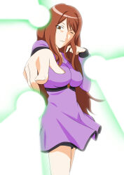  1girl breasts brown_eyes brown_hair closed_mouth commentary_request cowboy_shot dress energy energy_ball energy_beam hair_between_eyes hand_up jack-barro large_breasts long_hair long_sidelocks long_sleeves looking_at_viewer mugino_shizuri one_eye_closed outstretched_arm partial_commentary plasma pointing pointing_at_viewer psychic purple_dress short_dress shorts_under_dress sidelocks simple_background solo standing toaru_kagaku_no_railgun toaru_kagaku_no_railgun_s toaru_majutsu_no_index wavy_hair white_background 
