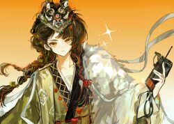 1girl absurdres black_hair cape cellphone chinese_clothes closed_mouth fur_cape gradient_background green_hanfu hand_up hanfu highres holding holding_phone liang_yue_(reverse:1999) looking_at_viewer mark_under_both_eyes mask mask_on_head orange_background phone reverse:1999 solo sparkle tri_braids upper_body waist_cape weiyan_(nbnbmwnl) yellow_eyes 