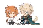  1boy 1girl animal_ears artist_name blonde_hair blue_eyes chibi commentary_request dog_ears dog_girl dog_tail fate/grand_order fate_(series) fujimaru_ritsuka_(female) gawain_(fate/grand_order) long_sleeves one_eye_closed orange_eyes orange_hair silver09-15 simple_background sitting skirt tail twitter_username watermark white_background 