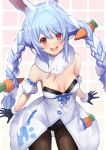  1girl :3 animal_ear_fluff animal_ears bangs black_gloves blue_hair blush bow braid breasts bunny-shaped_pupils bunny_girl carrot_hair_ornament commentary_request don-chan_(usada_pekora) dress eyebrows_visible_through_hair food_themed_hair_ornament fur_trim gloves hair_bow hair_ornament highres hololive multicolored_hair orange_eyes pantyhose rabbit_ears round_teeth short_eyebrows sidelocks small_breasts smile solo teeth twin_braids two-tone_hair untue usada_pekora white_bow white_hair 