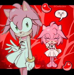  >_< 1girl :3 amy_rose animal_ears animal_nose barefoot black_border black_bow blush_stickers border bow bracelet cookies114s cosplay dress food furry furry_female gloves gold_bracelet green_eyes hedgehog_girl highres jewelry looking_at_viewer meat open_mouth pink_fur pink_hair red_background saya_(saya_no_uta) saya_(saya_no_uta)_(cosplay) short_tail simple_background solo sonic_(series) standing tail white_dress white_gloves 