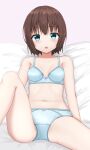  1girl bangs bare_arms bare_shoulders bed_sheet blue_bra blue_eyes blue_panties blush bow bow_bra bow_panties bra breasts brown_hair collarbone eyebrows_visible_through_hair feet_out_of_frame hair_between_eyes highres hippo_(hirople) knee_up looking_at_viewer navel open_mouth original panties pink_background short_hair simple_background small_breasts solo underwear underwear_only 